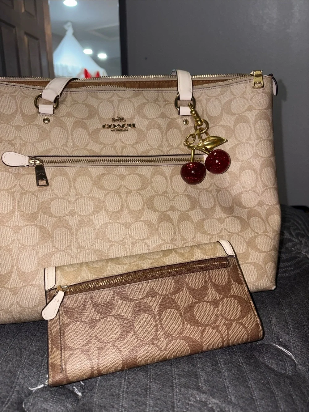 COACH Signature Canvas Tote and Wallet Set in Khaki/Chalk